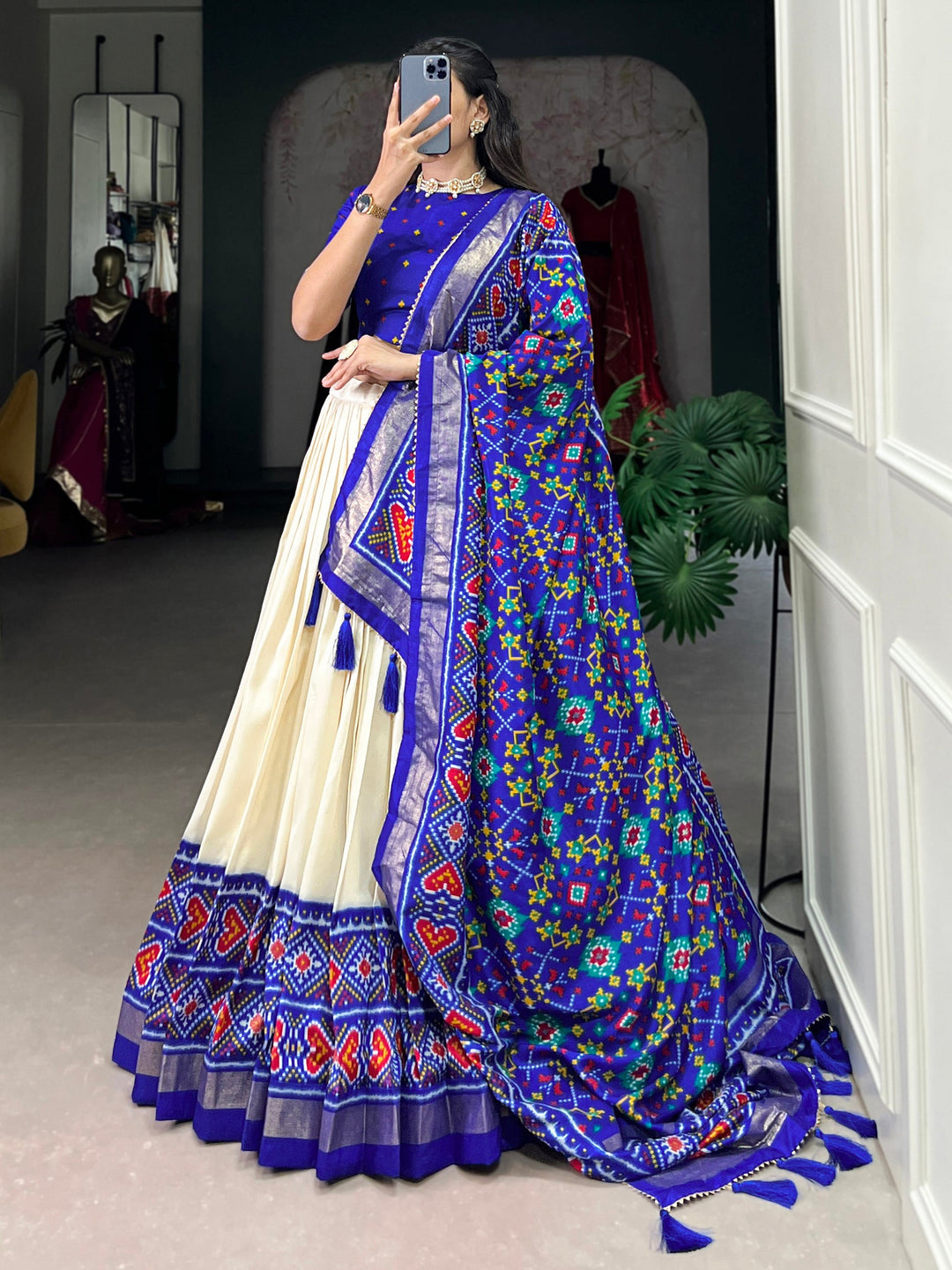 Blue Patola Printed Tussar Silk Lehenga Choli With Dupatta