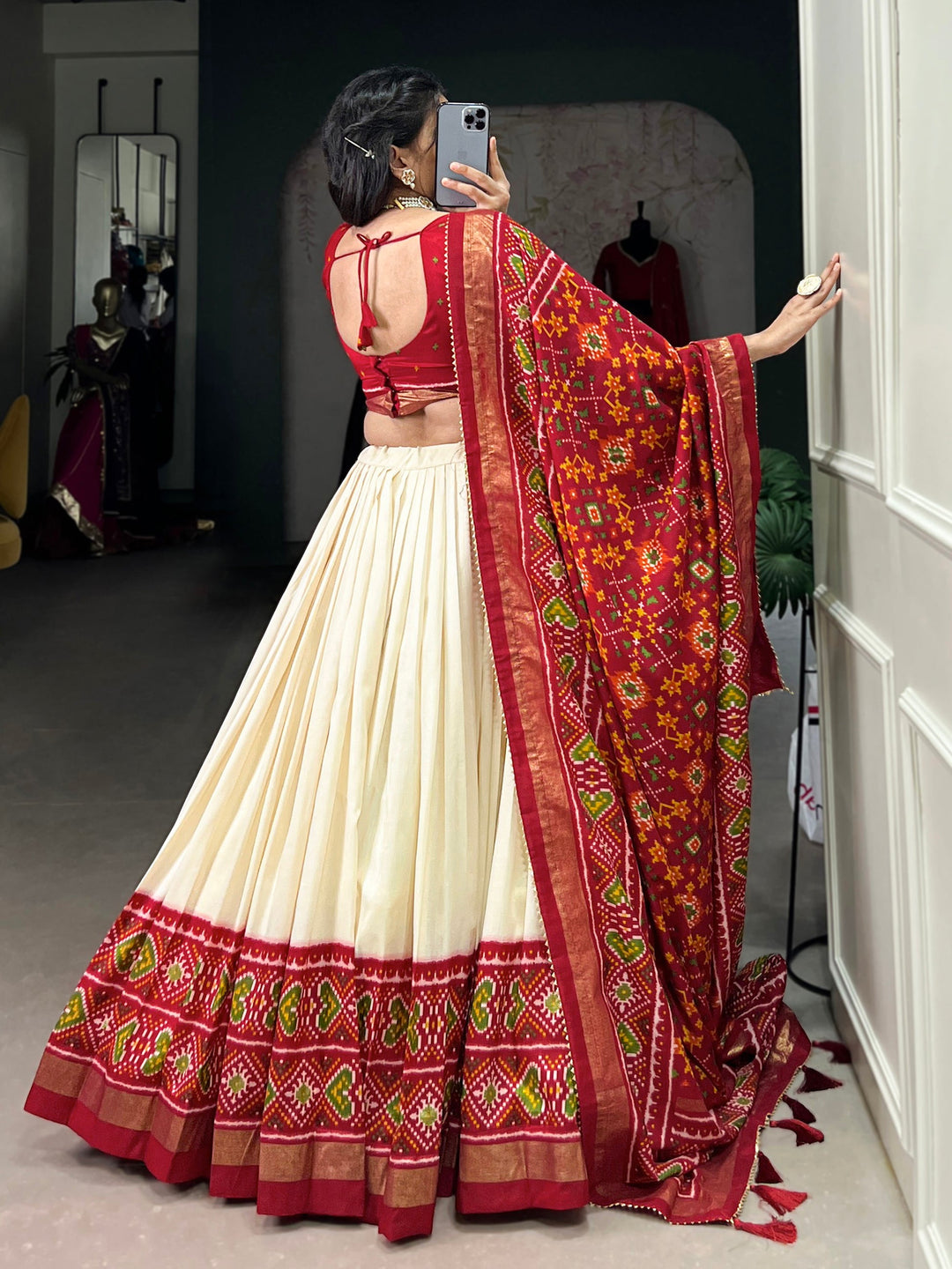 Red Patola Printed Tussar Silk Festival Wear Lehenga Choli