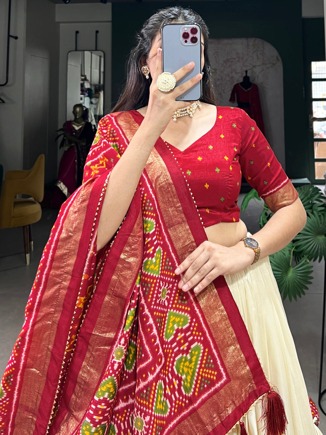 Red Patola Printed Tussar Silk Festival Wear Lehenga Choli