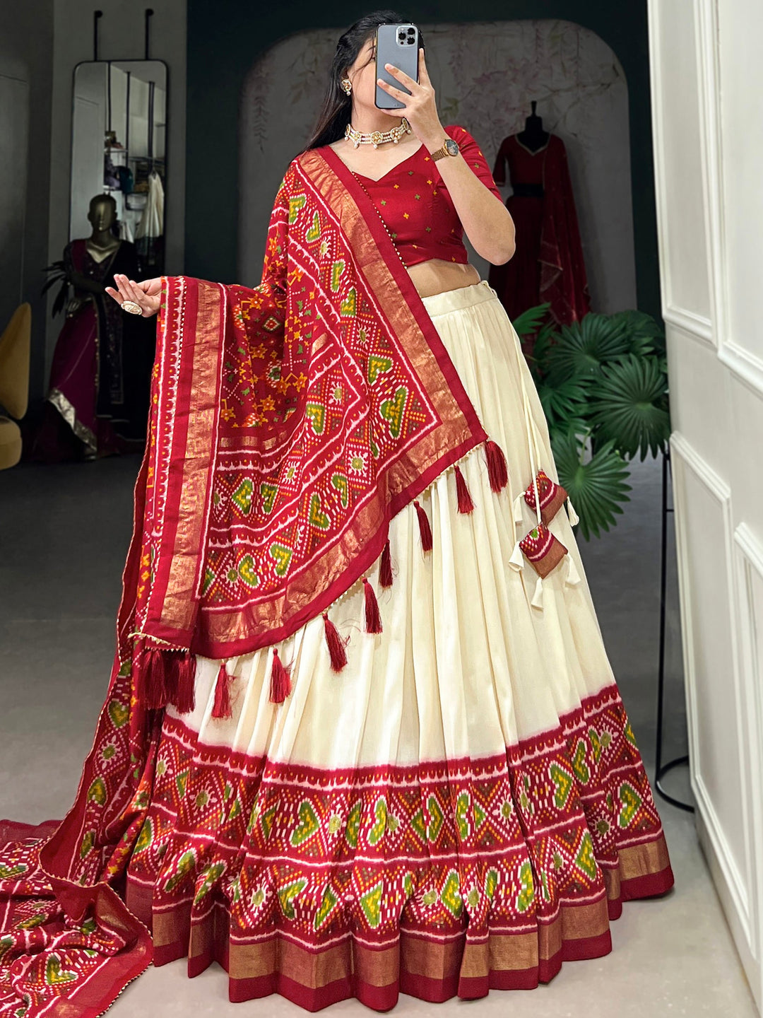 Red Patola Printed Tussar Silk Festival Wear Lehenga Choli