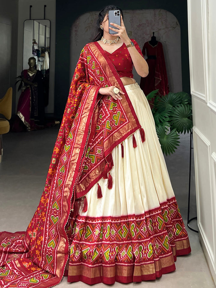 Red Patola Printed Tussar Silk Festival Wear Lehenga Choli