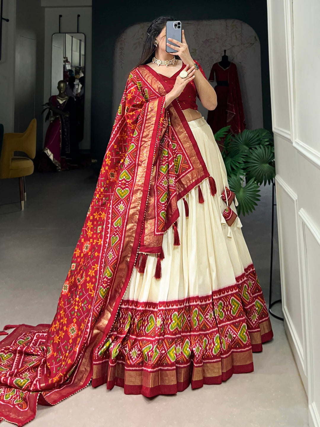 Red Patola Printed Tussar Silk Festival Wear Lehenga Choli