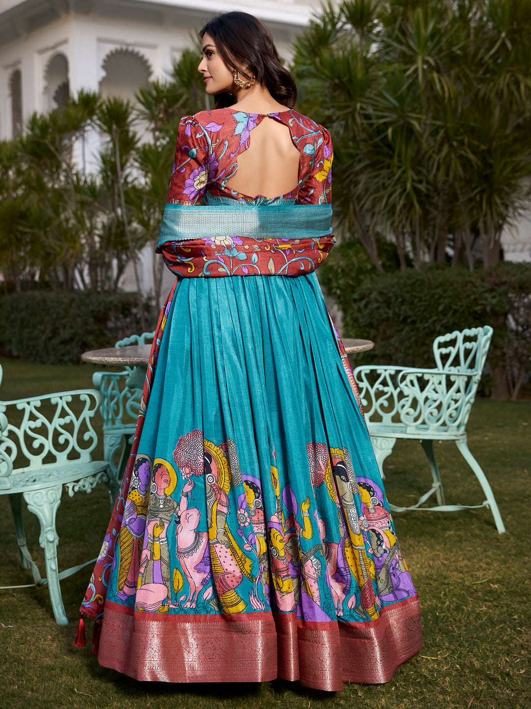 Firozi Blue Kalamkari Printed Dola Silk Traditional Lehenga Choli