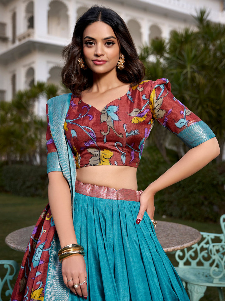 Firozi Blue Kalamkari Printed Dola Silk Traditional Lehenga Choli