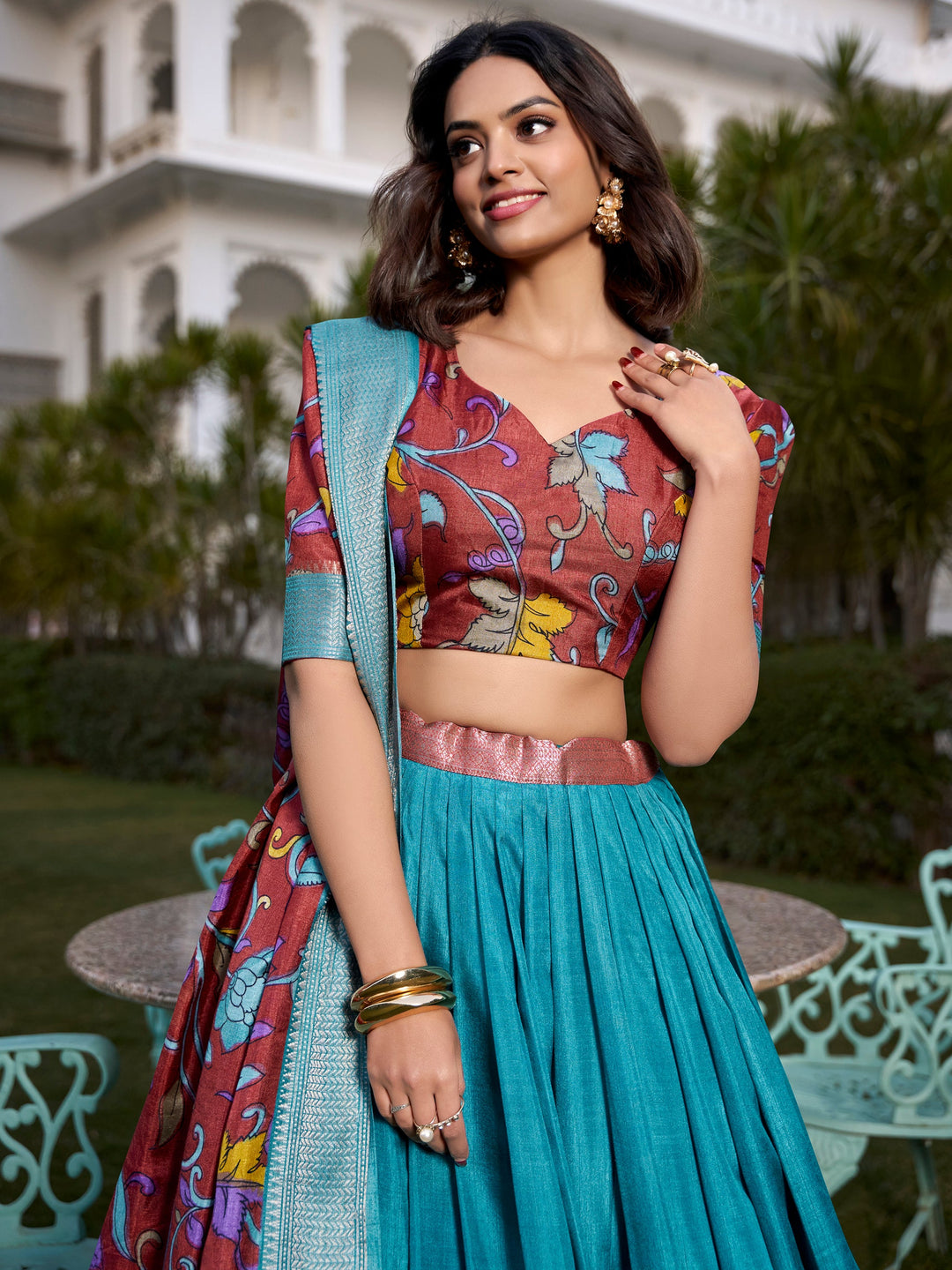 Firozi Blue Kalamkari Printed Dola Silk Traditional Lehenga Choli