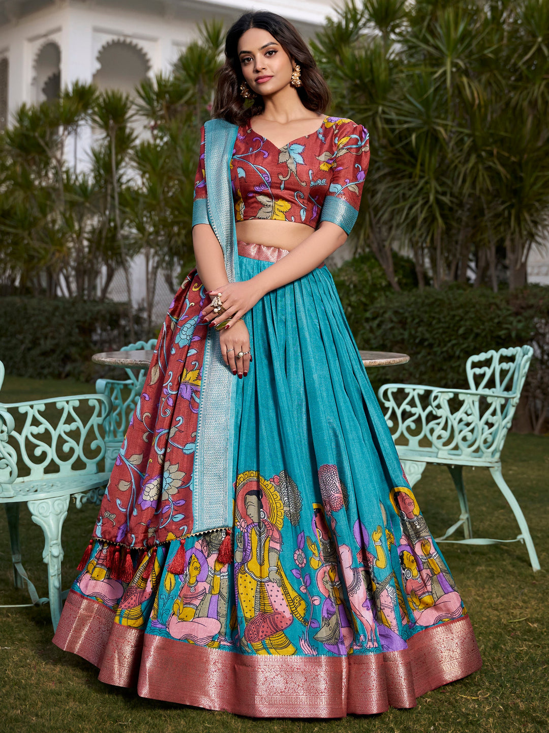 Firozi Blue Kalamkari Printed Dola Silk Traditional Lehenga Choli