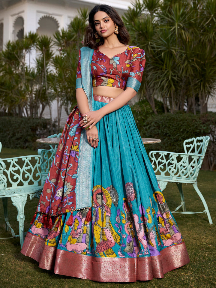 Firozi Blue Kalamkari Printed Dola Silk Traditional Lehenga Choli