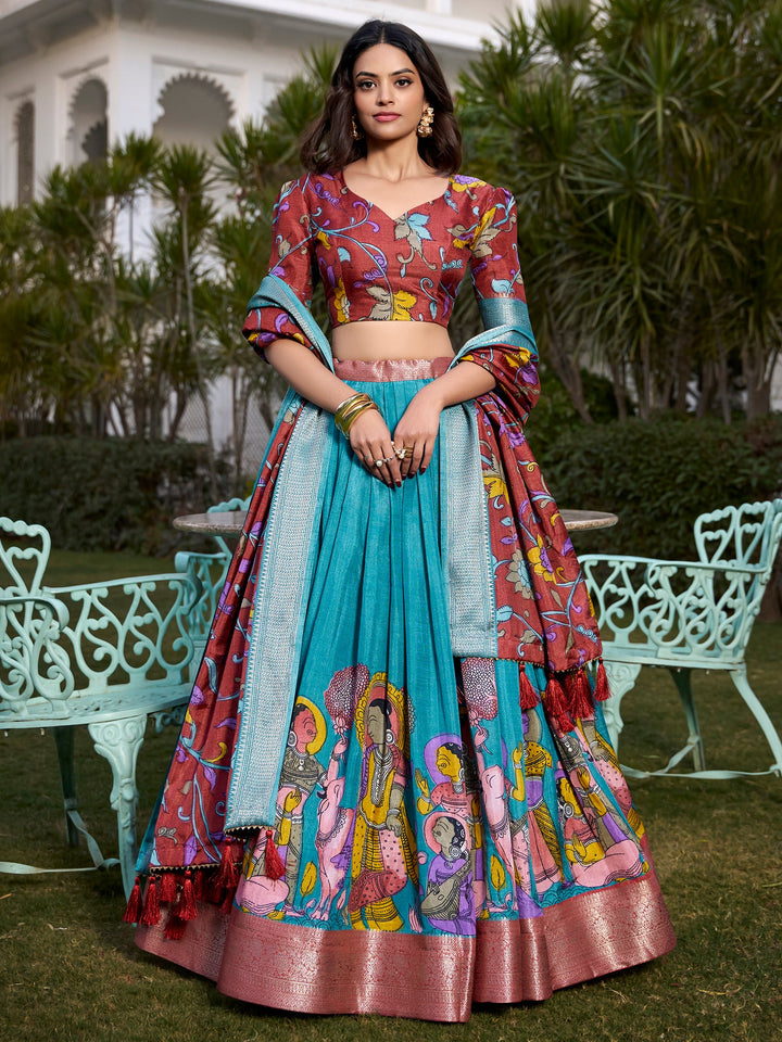 Firozi Blue Kalamkari Printed Dola Silk Traditional Lehenga Choli