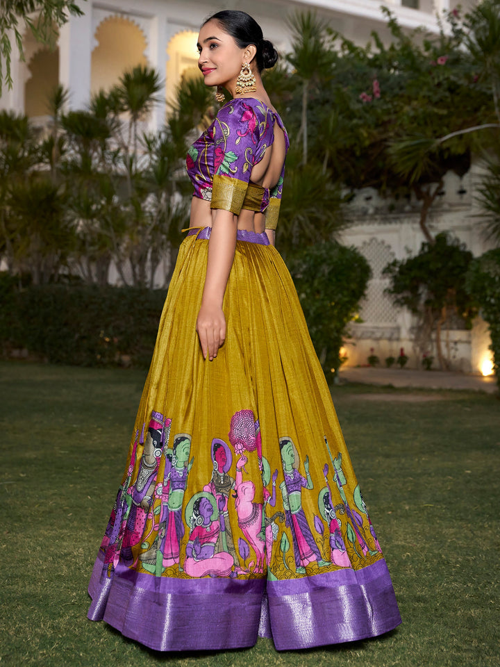 Mustard Yellow Kalamkari Printed Silk Festival Wear Lehenga Choli