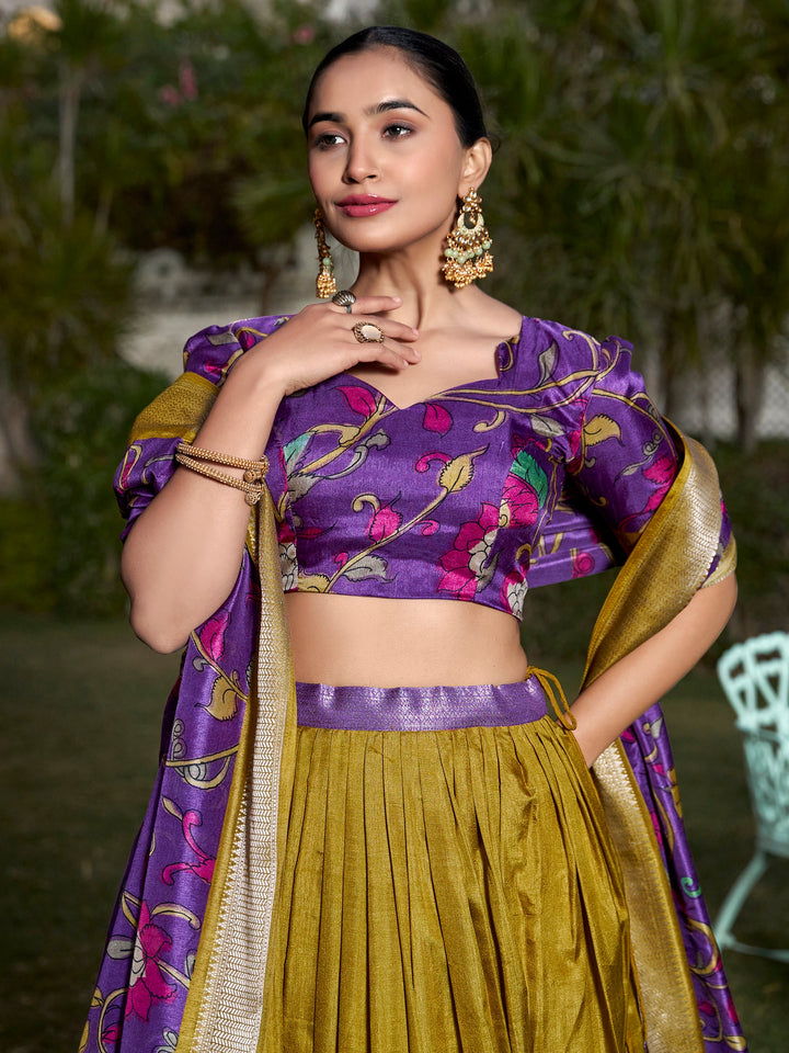 Mustard Yellow Kalamkari Printed Silk Festival Wear Lehenga Choli