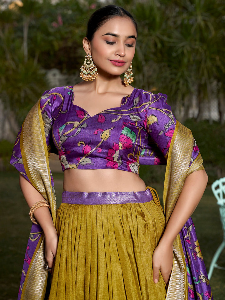 Mustard Yellow Kalamkari Printed Silk Festival Wear Lehenga Choli