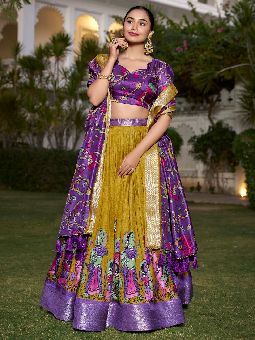 Mustard Yellow Kalamkari Printed Silk Festival Wear Lehenga Choli