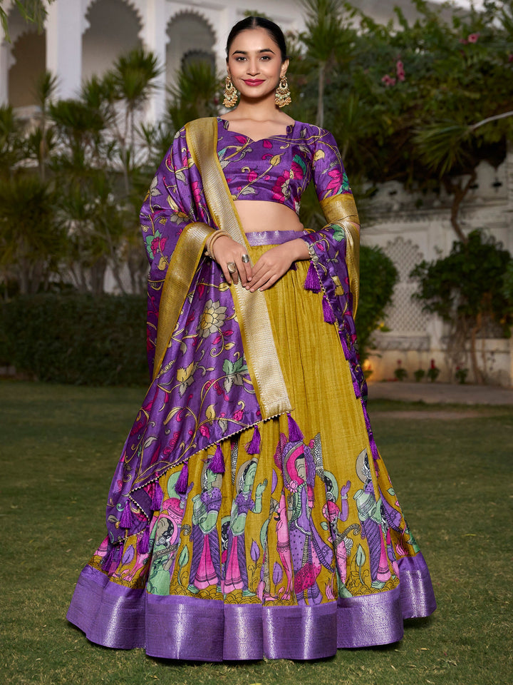 Mustard Yellow Kalamkari Printed Silk Festival Wear Lehenga Choli