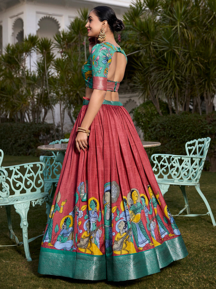 Coral Red Kalamkari Printed Dola Silk Lehenga Choli With Dupatta