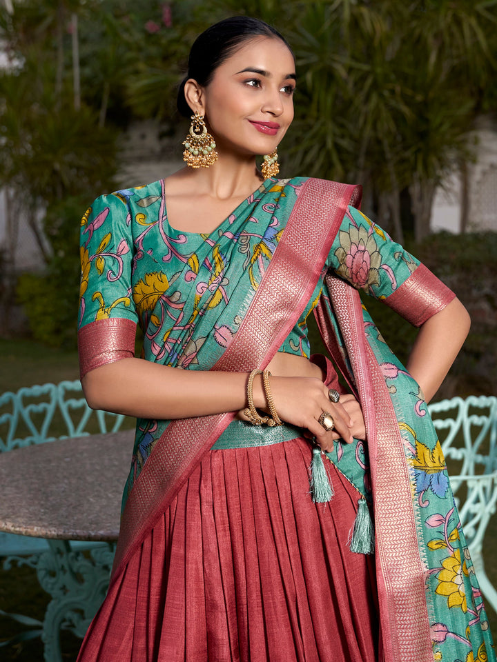 Coral Red Kalamkari Printed Dola Silk Lehenga Choli With Dupatta