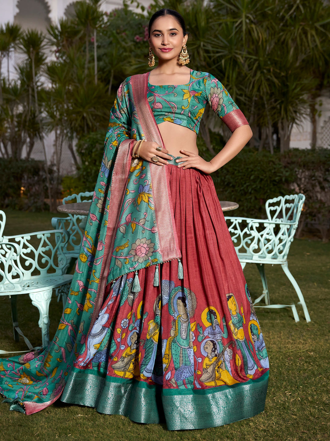 Coral Red Kalamkari Printed Dola Silk Lehenga Choli With Dupatta