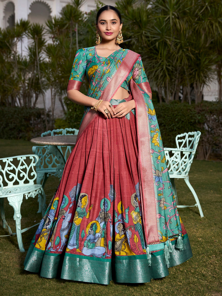 Coral Red Kalamkari Printed Dola Silk Lehenga Choli With Dupatta