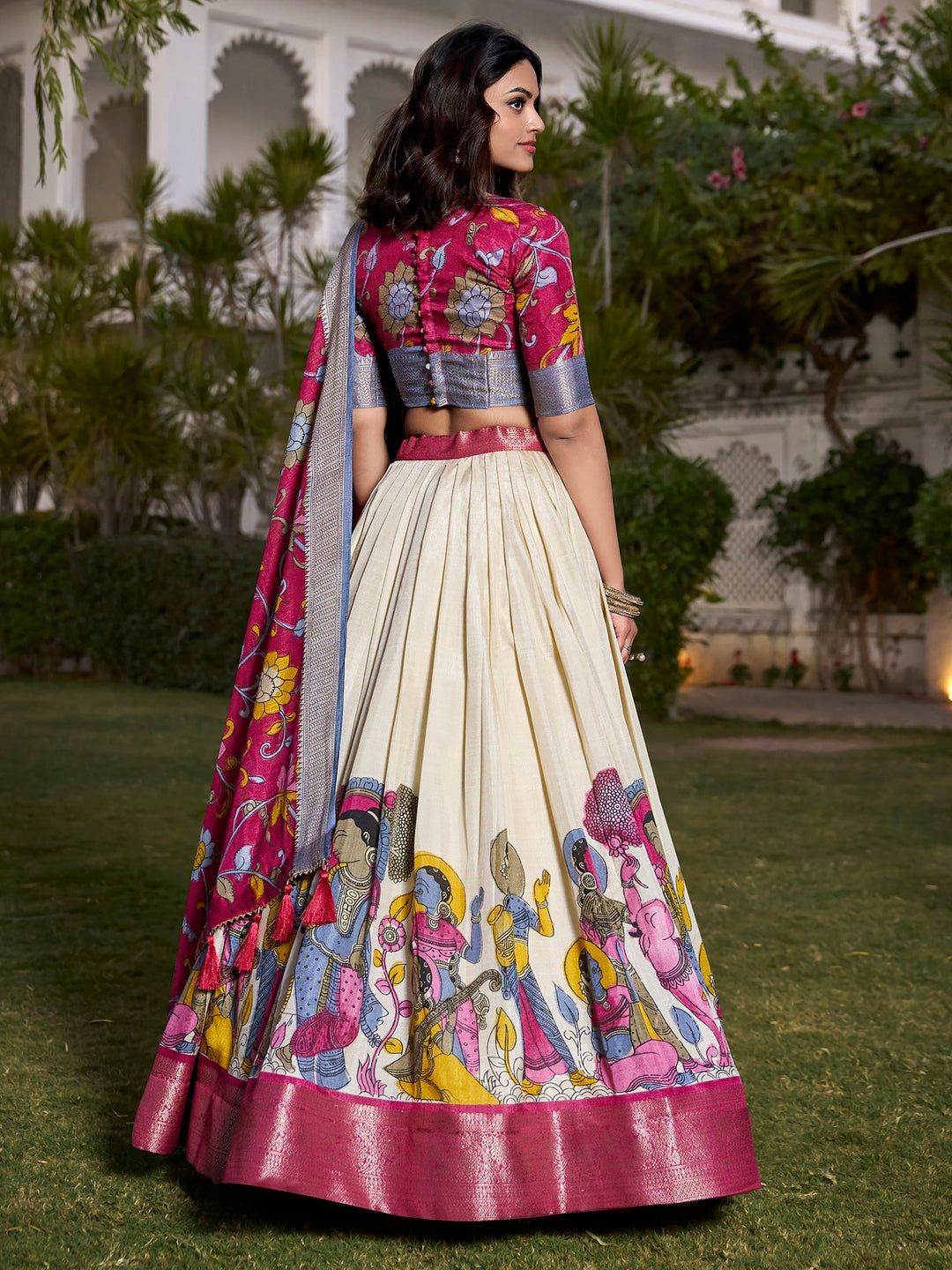 Off-White Kalamkari Printed Silk Onam Special Lehenga Choli
