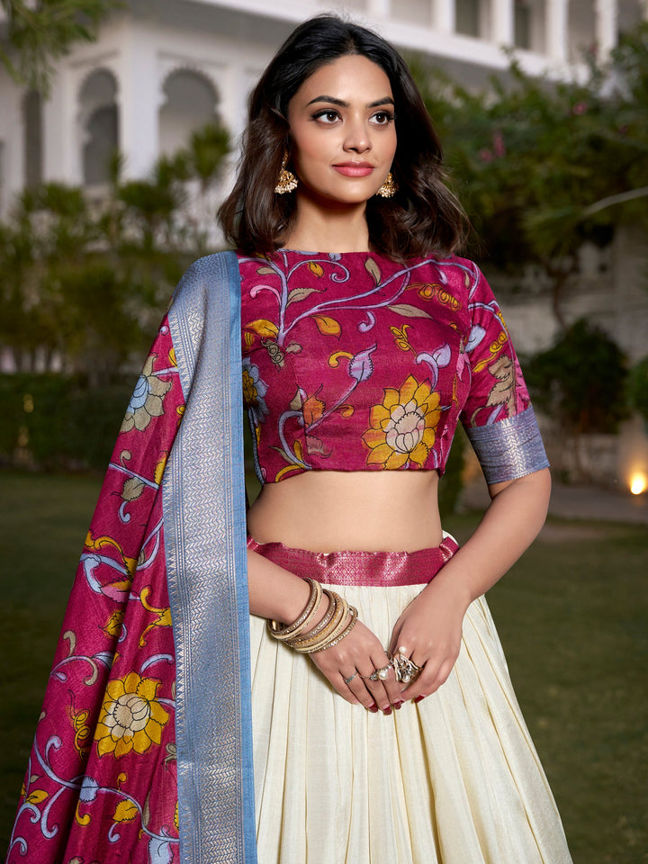 Off-White Kalamkari Printed Silk Onam Special Lehenga Choli