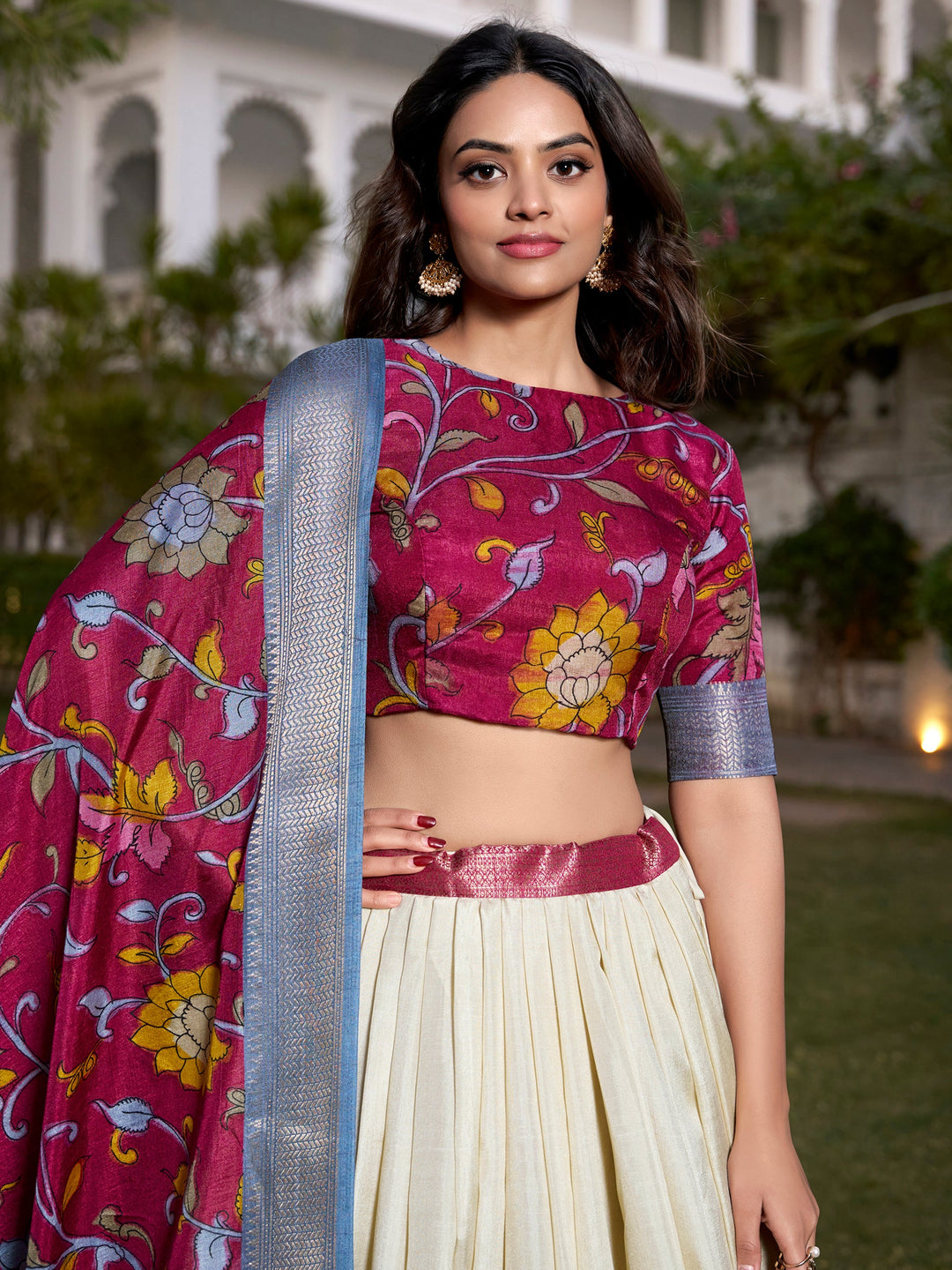 Off-White Kalamkari Printed Silk Onam Special Lehenga Choli