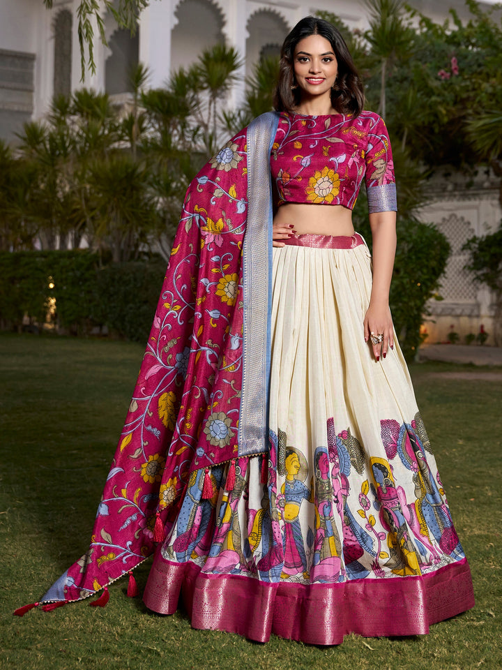 Off-White Kalamkari Printed Silk Onam Special Lehenga Choli