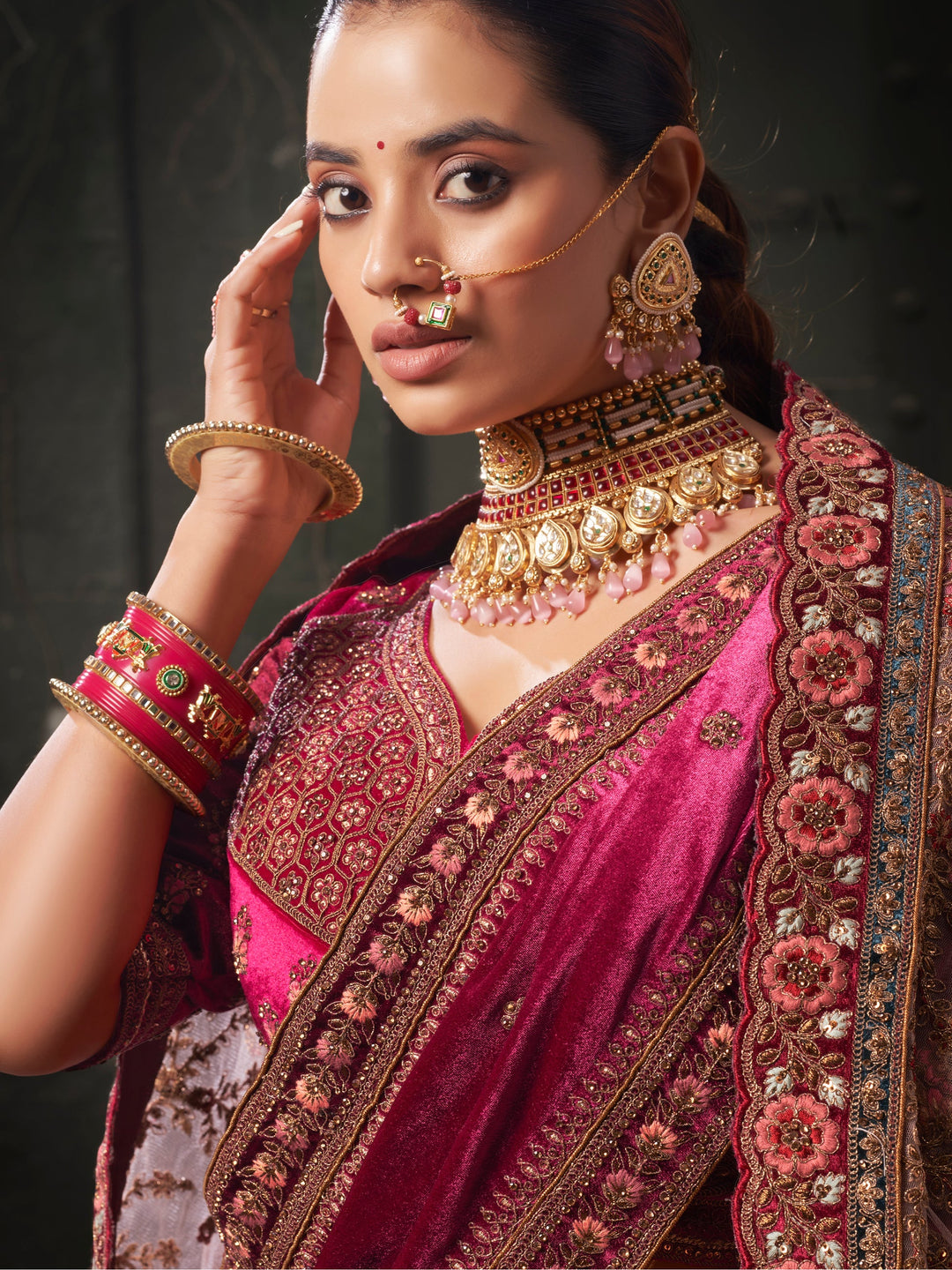 Pink Embroidered Velvet Bridal Lehenga Choli With Double Dupatta