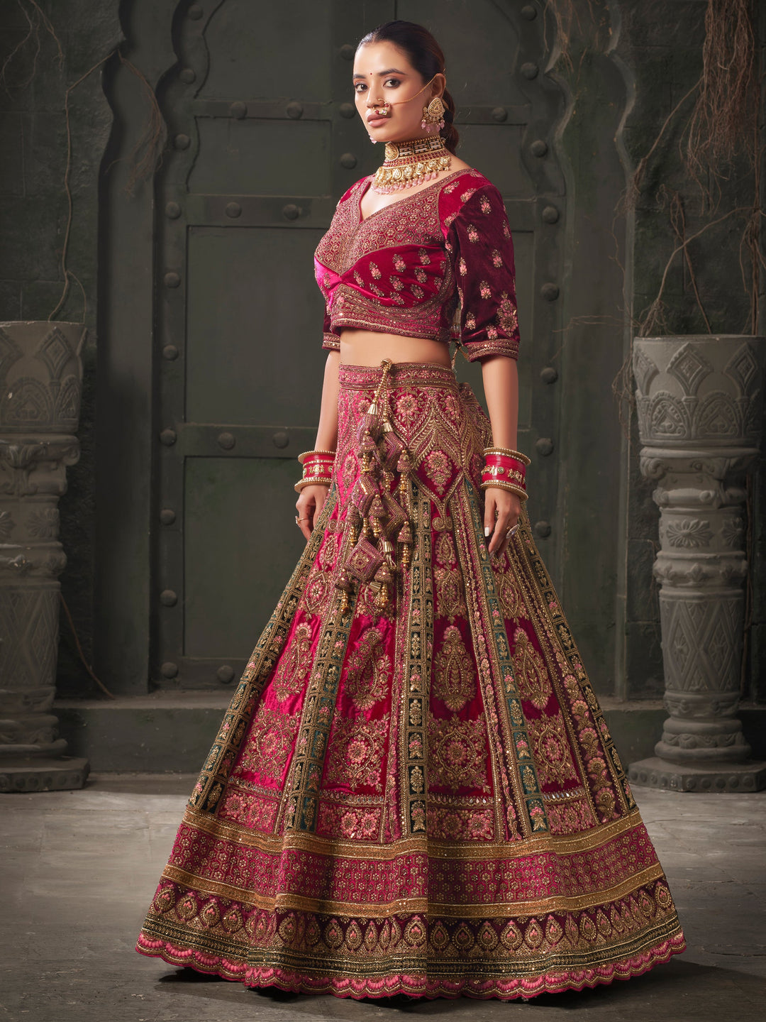 Pink Embroidered Velvet Bridal Lehenga Choli With Double Dupatta