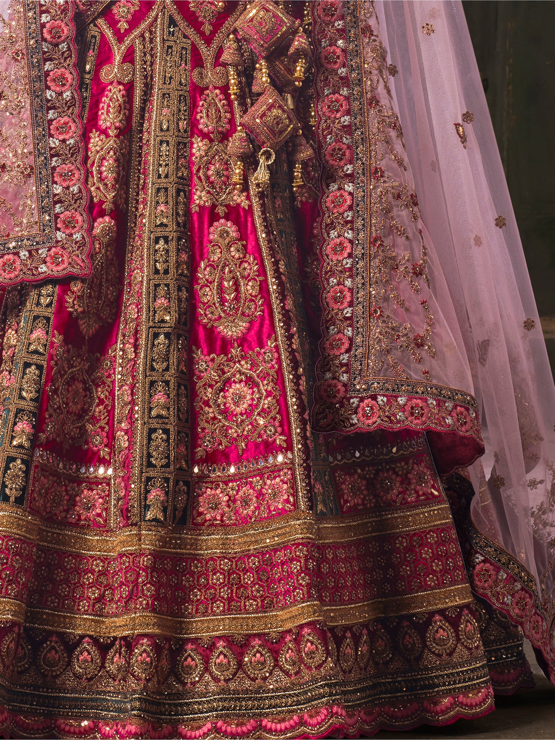 Pink Embroidered Velvet Bridal Lehenga Choli With Double Dupatta