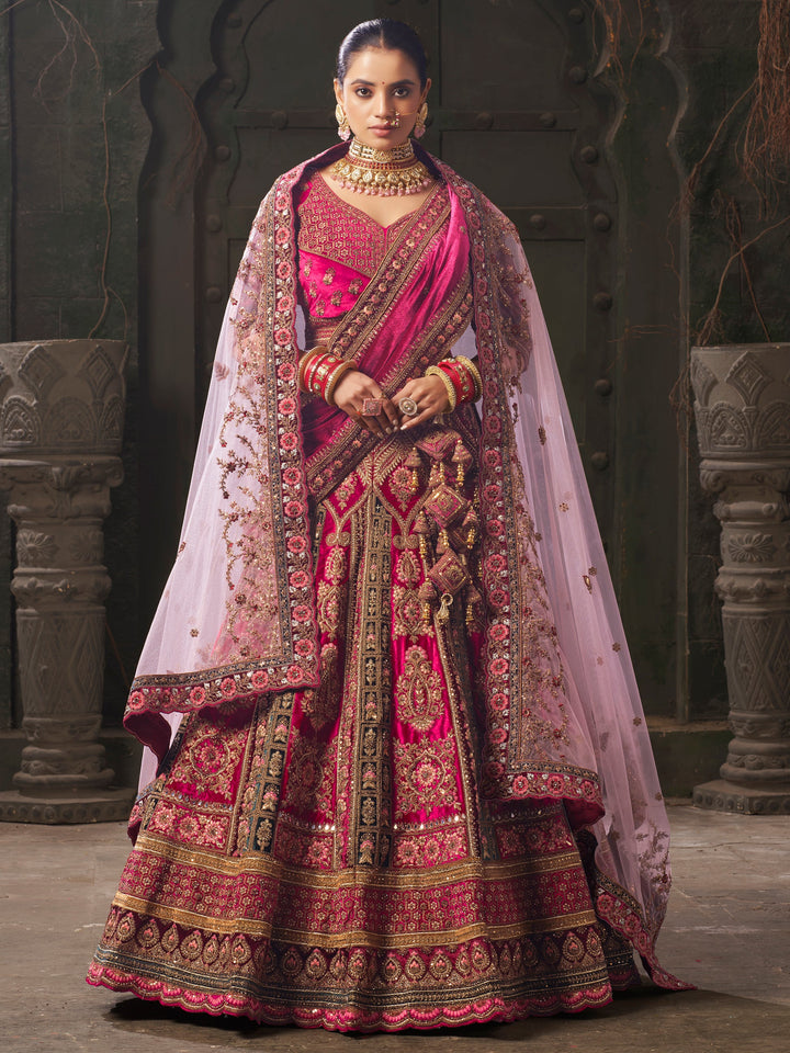 Pink Embroidered Velvet Bridal Lehenga Choli With Double Dupatta