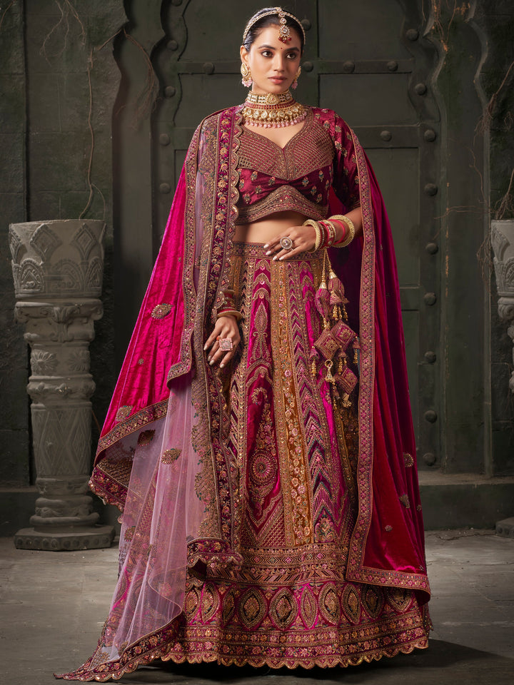 Rani Pink Velvet Bridal Lehenga Choli With Double Dupatta