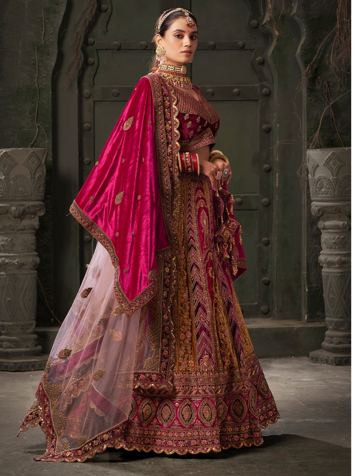Rani Pink Velvet Bridal Lehenga Choli With Double Dupatta