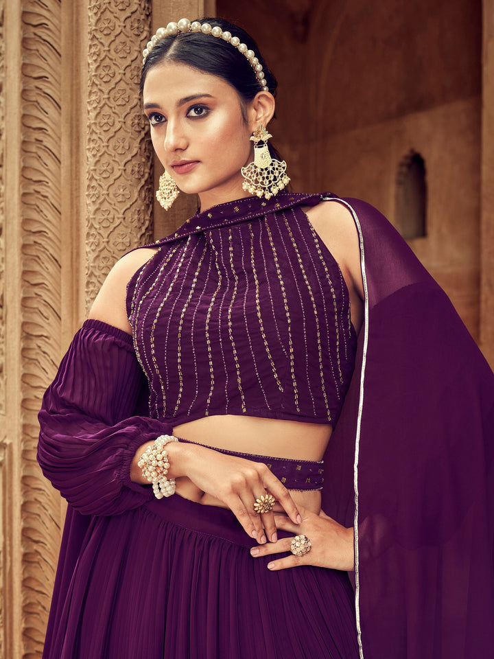 Purple Embroidered Georgette Designer Lehenga Choli