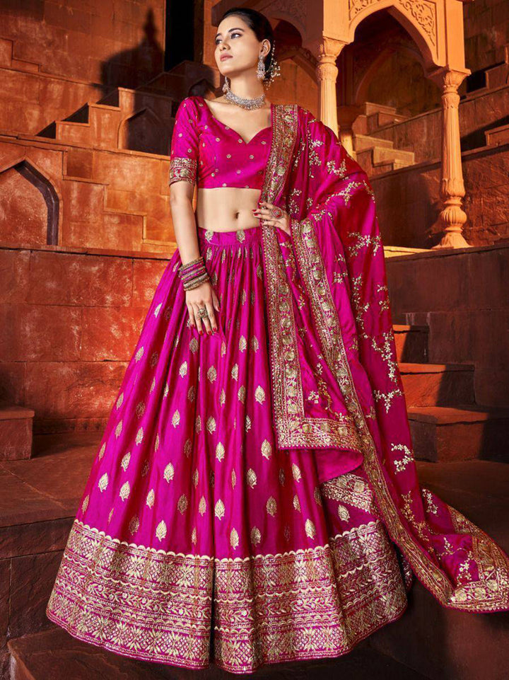Hot Pink Sequins Silk Wedding Lehenga Choli With Dupatta