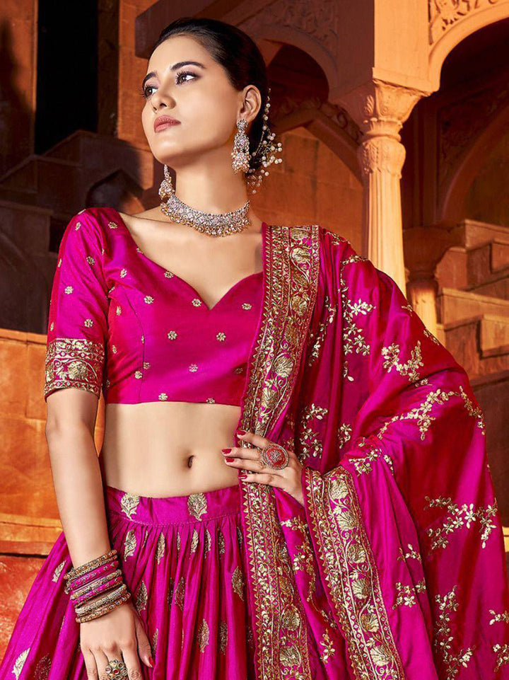 Hot Pink Sequins Silk Wedding Lehenga Choli With Dupatta