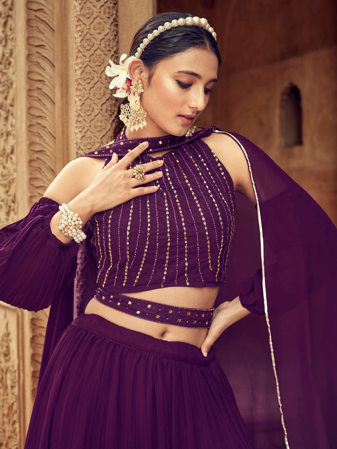 Purple Embroidered Georgette Designer Lehenga Choli