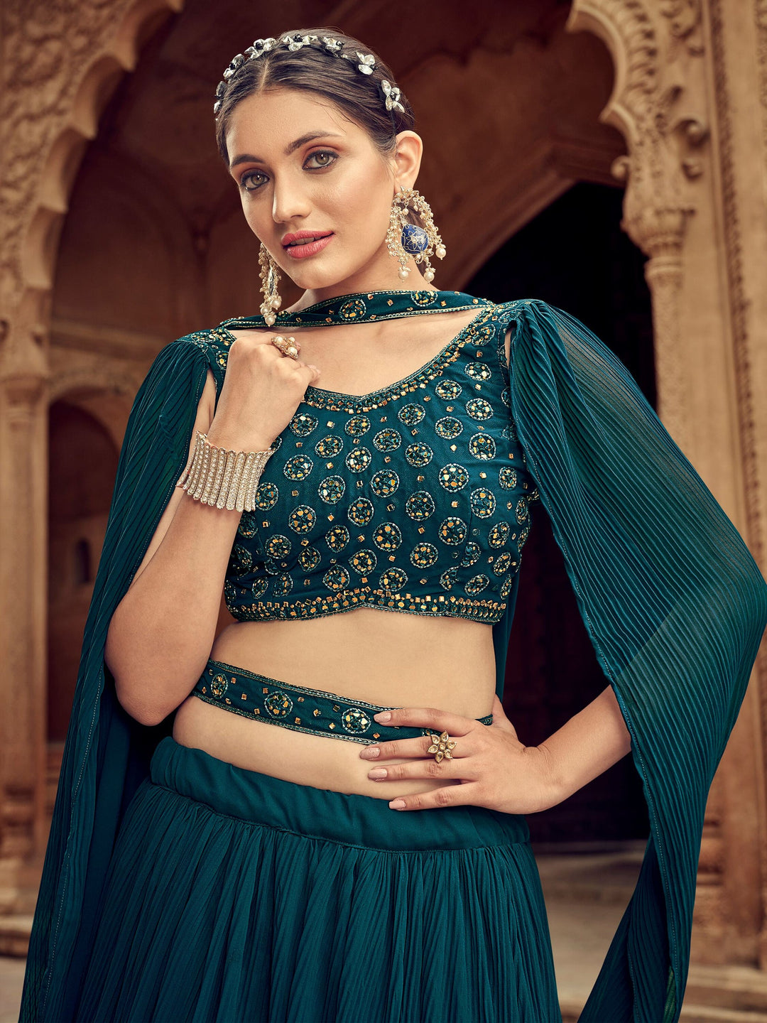 Teal Blue Embroidered Georgette Lehenga Choli With Dupatta