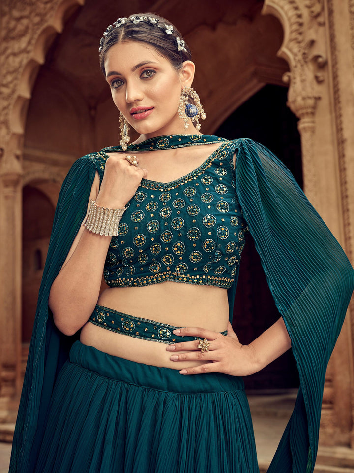 Teal Blue Embroidered Georgette Lehenga Choli With Dupatta