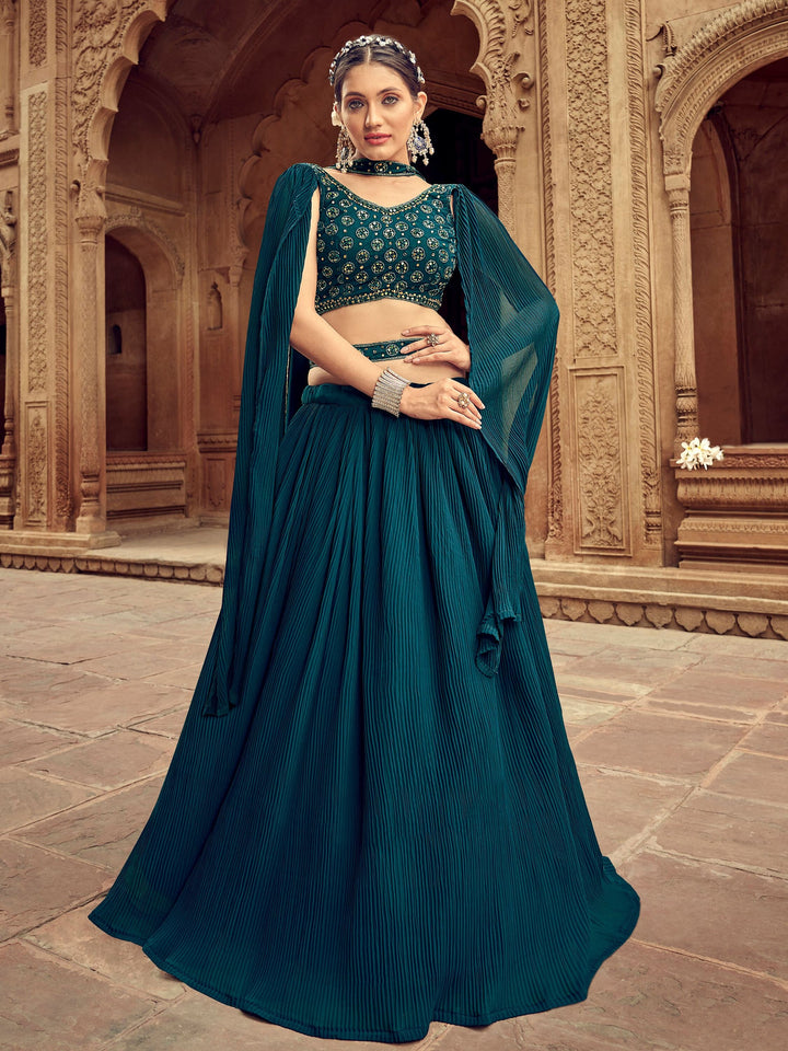 Teal Blue Embroidered Georgette Lehenga Choli With Dupatta
