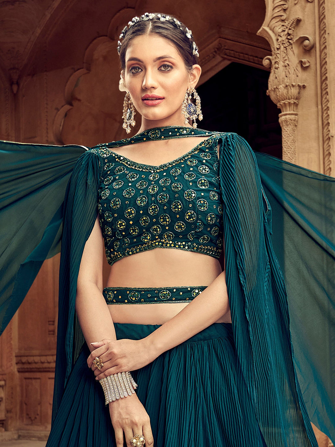Teal Blue Embroidered Georgette Lehenga Choli With Dupatta
