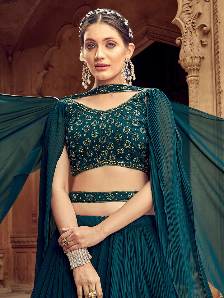Teal Blue Embroidered Georgette Lehenga Choli With Dupatta