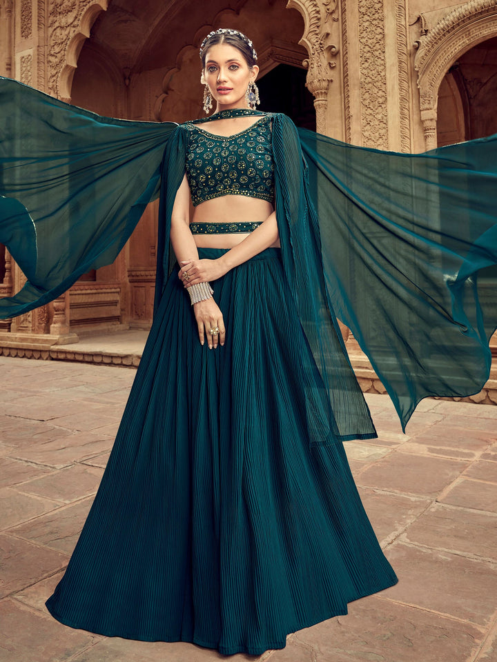 Teal Blue Embroidered Georgette Lehenga Choli With Dupatta