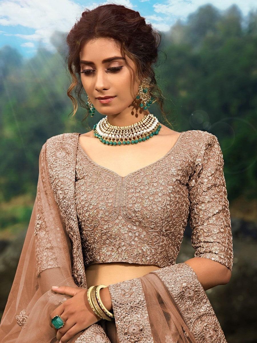 Brown Zari Worked Net Engagement Wear Lehenga Choli