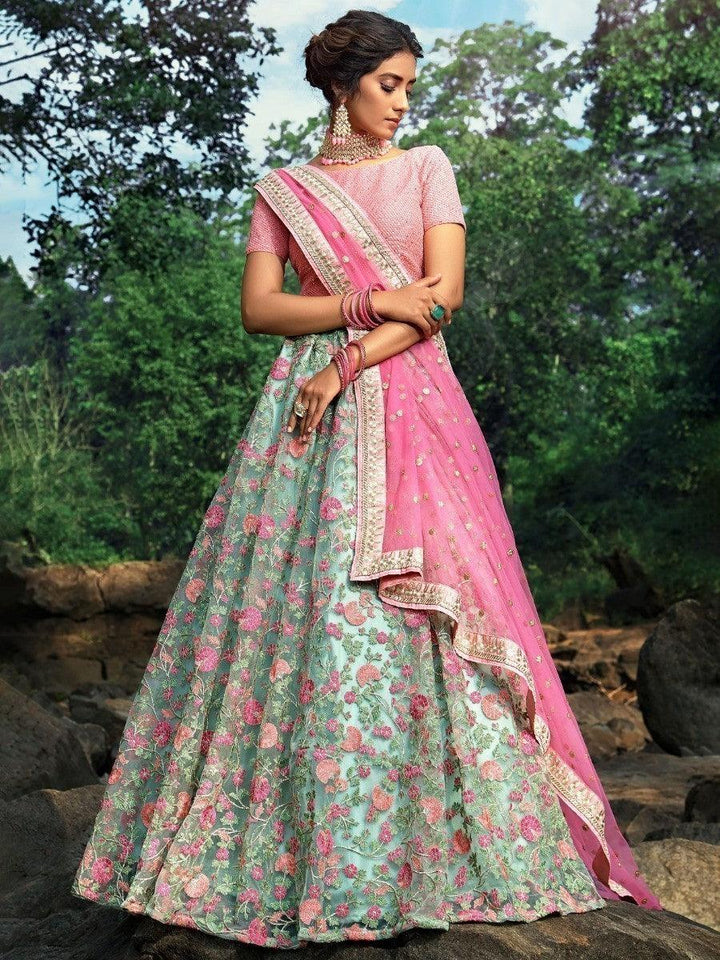 Wonderful Green Floral Thread Embroidered Net Wedding Wear Lehenga Choli