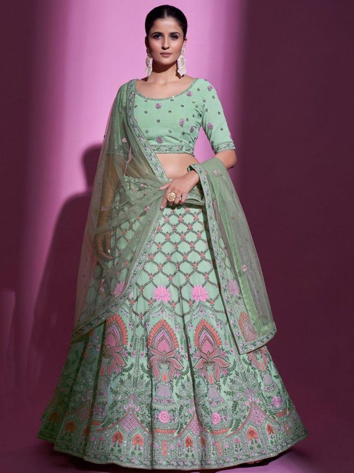 Pista Green Thread Georgette Wedding Wear Lehenga Choli