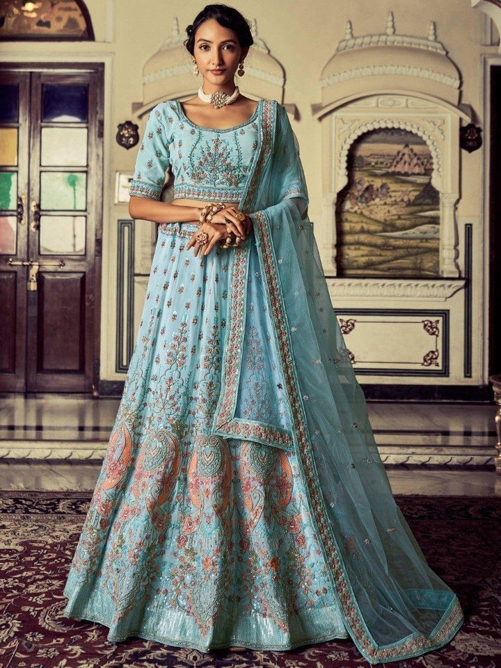 Turquoise Embroidered Georgette Wedding Lehenga Choli
