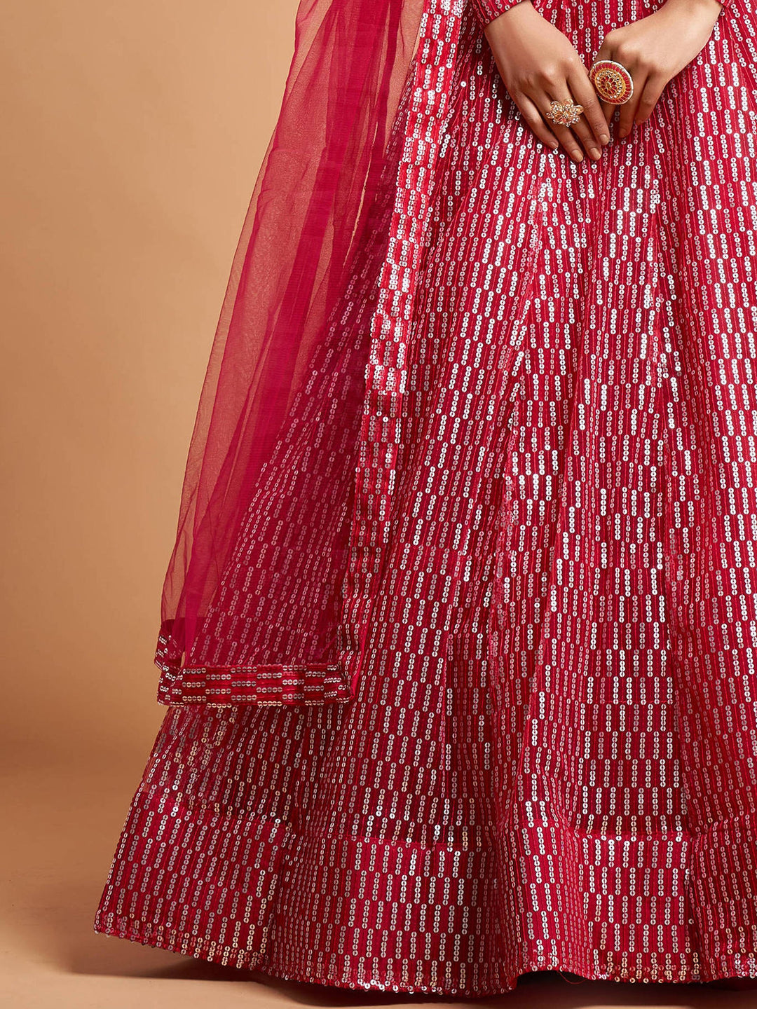 Hot Pink Thread Embroidered Net Party Wear Lehenga Choli