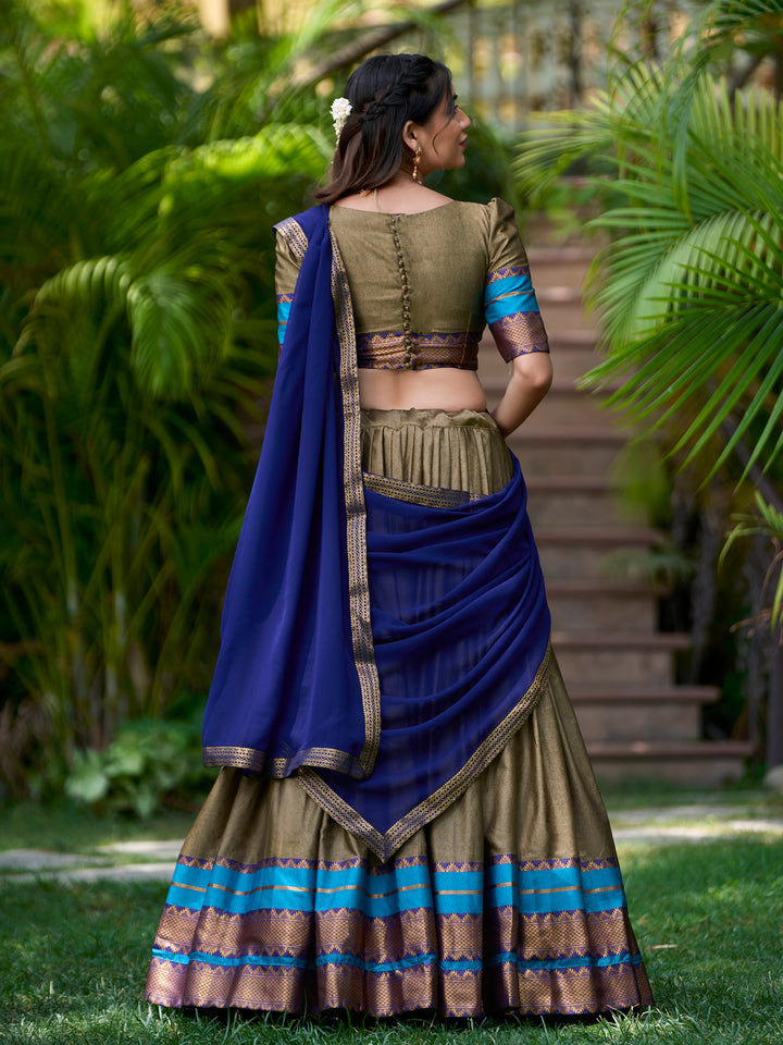 Olive Green Zari Weaving Cotton Traditional Half Saree Lehenga