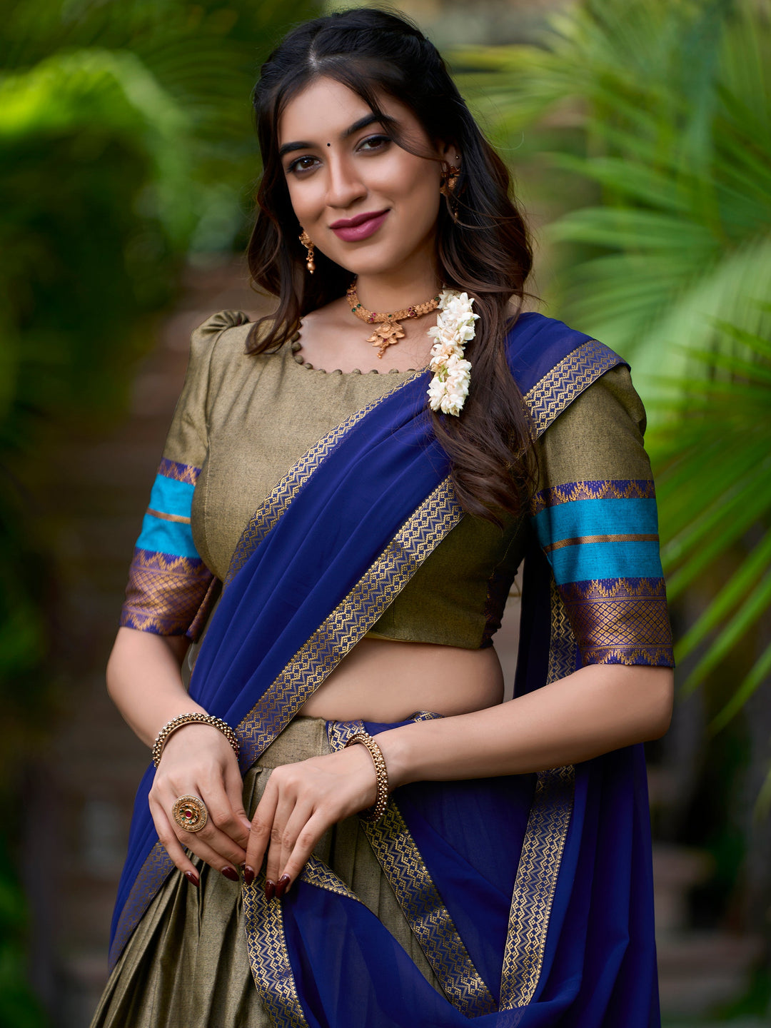 Olive Green Zari Weaving Cotton Traditional Half Saree Lehenga