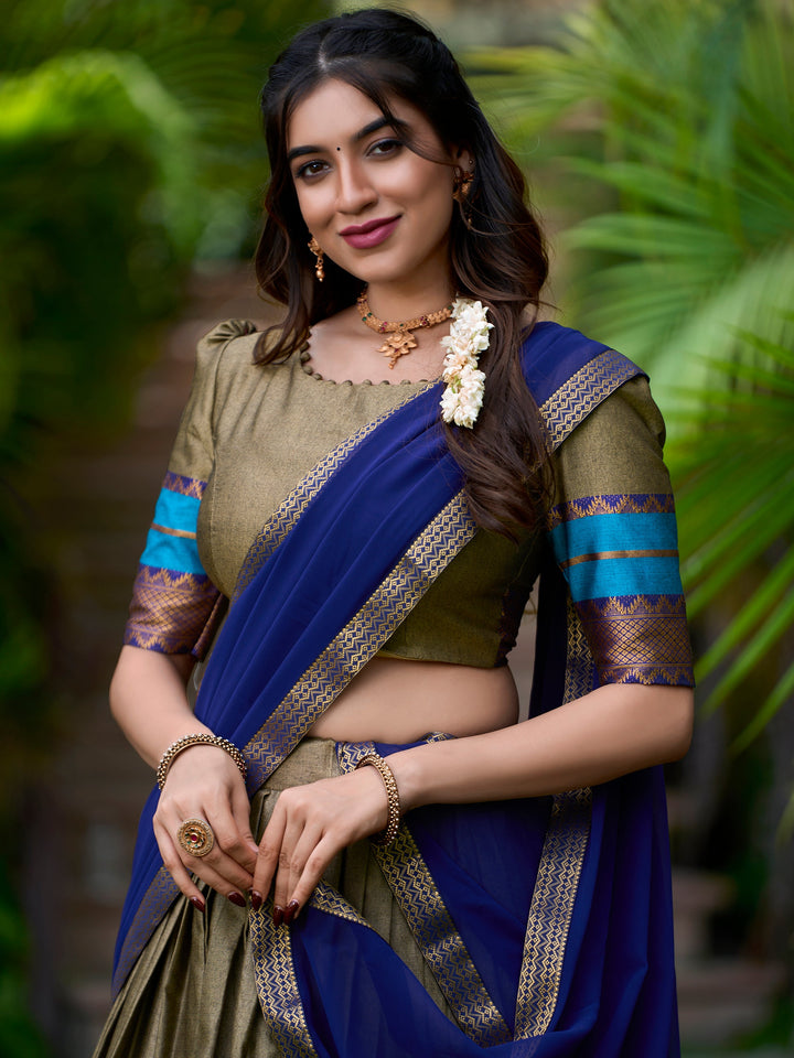 Olive Green Zari Weaving Cotton Traditional Half Saree Lehenga