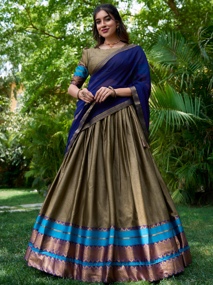 Olive Green Zari Weaving Cotton Traditional Half Saree Lehenga